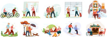 Vector Collection Elderly Couples Set Of Seniors Men And Women Spend Time Together At Different Season Relaxing In Tent In Nature, Walking Dog, Skiing. Old Man In A Wheelchair Reads Book With His Wife