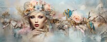 Stunning Vintage Boho Woman Background, In The Style Of Collage Like Mixed Media Pieces, Pastell Tones, Multilayered Dimensions, Timeless Artistry Generative AI