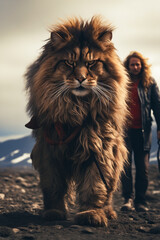 Wall Mural - Woman walking large cat on leash on rocky field.