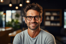 Man With Glasses Smiling For Picture In Restaurant.