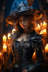 Poster - Woman in black dress and hat with candles behind her.