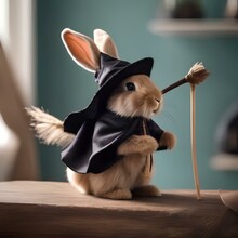A Fluffy Bunny In A Witch Costume, Riding A Miniature Broomstick5