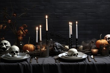 Halloween table setting with decorations, pumpkins, glasses and plates.