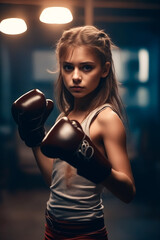 Poster - Woman with boxing glove on her hand and serious look on her face.