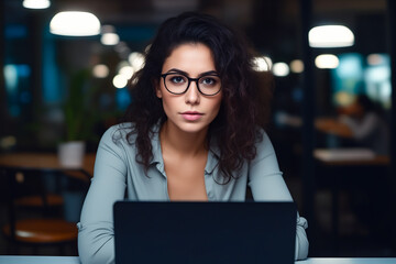 Sticker - Woman with glasses is looking at laptop screen.