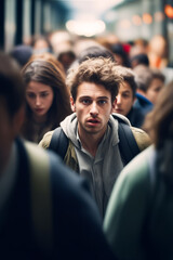 Poster - Man with backpack is surrounded by crowd.