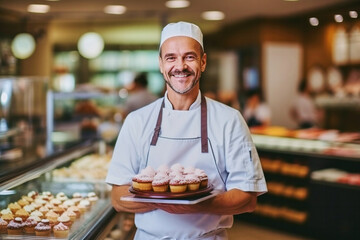 Portrait of joyful mature handsome satisfied smiling pastry chef man wearing white uniform and holding plate with muffins working in pastry shop