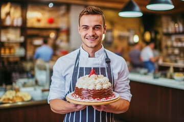 Portrait of joyful adult handsome satisfied smiling pastry chef man wearing white uniform and holding plate with cake working in pastry shop