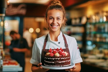 Portrait Of Cheerful Young Attractive Satisfied Smiling Pastry Chef Woman Wearing Apron And Holding Plate With Cake Working In Pastry Shop
