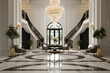 A grand entryway with sleek marble floors, a statement chandelier, and contemporary art. The opulent decor and dramatic lighting create a sense of luxury and grandeur that welcomes visitors in style.