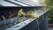 A clogged gutter overflowing with leaves and debris