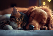 Cat And Dog Sleeping Together. Kitten And Puppy Taking Nap. Home Pets. Animal Care. Love And Friendship. Domestic Animals.