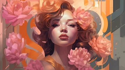 Wall Mural - Portrait of a girl surrounded by pink flowers. Fantasy concept , Illustration painting.