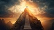 artwork that metaphorically illustrates an open mind using a mountain , showcasing a ladder stretching towards a radiant sun, a symbol of psychology and spiritual enlightenment
