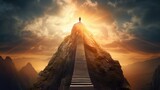 Fototapeta  - artwork that metaphorically illustrates an open mind using a mountain , showcasing a ladder stretching towards a radiant sun, a symbol of psychology and spiritual enlightenment