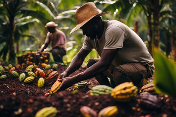 Wall Mural - Amidst a verdant cocoa farm, dedicated workers employ age-old techniques to meticulously harvest perfectly ripe cocoa pods.