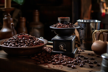 Sticker - A tableau of raw cocoa beans scattered on aged wood, with an old-world grinder nearby, tells a story of chocolate's humble beginnings.