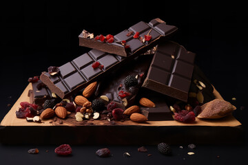 Poster - Cracked segments of a dark chocolate bar expose an ensemble of crunchy nuts and fruity morsels, hinting at layers of flavor and texture.