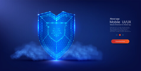 Poster - Digital Cyber Shield in Vibrant Blue Neon Lights: UI,UX Mobile App Security Design Concept. Modern lowpoly style. Vector illustration