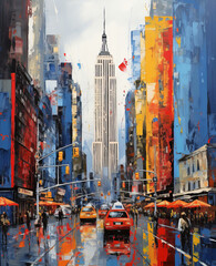 New York City, in the impasto painting style, cheerful colors, light navy and red. ideal for decoration of travel agency, hotels. vacation, destination concept. vertical composition