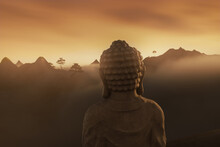3D Rendering Of Back Of Buddha Statue In Front Of Foggy Mountain Landscape