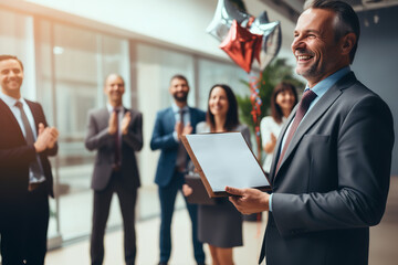 Poster - A veteran employee receives a recognition award from a manager during a company-wide meeting, a testament to years of dedication and outstanding work