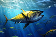 Illustration of yellow tuna fish swimming in the deep blue sea
