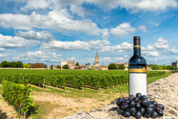 Wall Mural - Wine bottle with empty label with vineyards of Saint Emilion, Bordeaux, Gironde, France on background. Mock up. Wine industry. Agriculture and farming concept