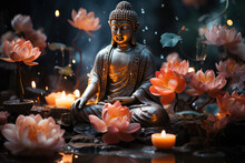 Buddha Statue In Floral Environment In Lotus Pose