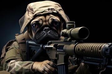 Wall Mural - Healthy Dog pug breed purebred wearing military uniform. Generative AI