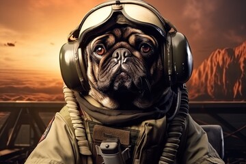 Wall Mural - Healthy Dog pug breed purebred wearing military uniform. Generative AI