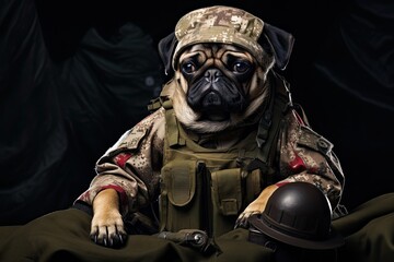 Wall Mural - Healthy Dog pug breed purebred wearing military uniform. Generative AI