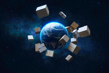 Delivery concept. Spawning cardboard boxes from the planet earth surface.