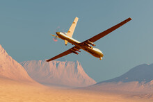 Armed military drone (UAV) flying smoothly over a vast desert shooting missiles.