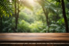Empty Wood Table Top With Blur Jungle Background With Bokeh Light. Generative AI.