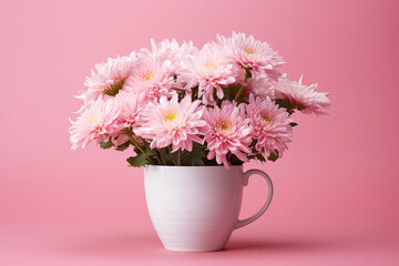 Poster - White and pink chrysanthemums in pink cup on pink background