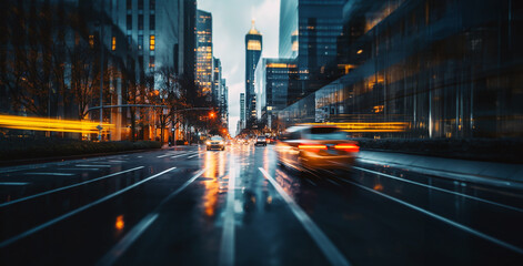 Wall Mural - Dusk, lights in a modern city street scene. Defocused image of a near dark street. Bright lights, tall buildings, towers, skyscrapers, road, cars. Wide scale image created using Generative AI tools.