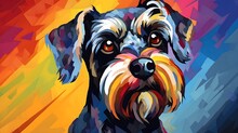 A Closeup Colorful Digital Painting Of A Miniature Schnauzer Dog - Generative AI