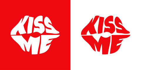 Wall Mural - Logo con palabra kiss me con forma de silueta de labios de mujer en tipografía retro para su uso en invitaciones y tarjetas de San Valentín