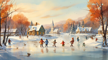 A lively scene of children ice skating on a frozen pond with snow-covered trees and a cozy cabin in the background