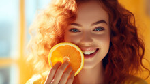 Beautiful Joyful Teen Model Girl Takes Juicy Oranges Slices With Funny Red Hairstyle And Professional Make Up