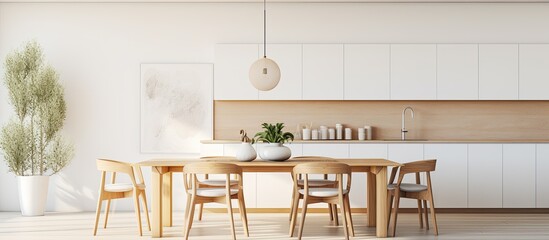 Sticker - Modern and stylish dining space with white table wooden chairs decorations sleek lamps and intriguing art adjacent to a minimalist kitchen With copyspace for text