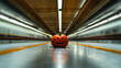 Jack-o'-lantern on floor in gigantic subway tunnel, centered perspective, central vanishing point, centered composition. Halloween in transport, channel, underground logistic. Generative AI tool used