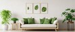 Bright living room with green pillows wooden table lamps and plants With copyspace for text