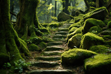 A Moss Covered Old Stone Pathway In A Forest. Mystic Atmosphere. Generative AI