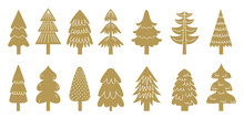 Golden Christmas Tree Icons Of Collection For Holiday