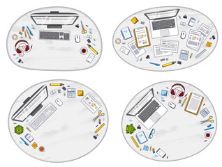 Office desks workspaces top view with PC and laptops  and diverse stationery objects for work, overhead look. All elements are easy to use separately or recompose the illustrations. Vector set.