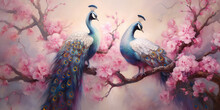 Painting Of Glowing Peacocks Sitting On A Glowing Pink Blossom Tree