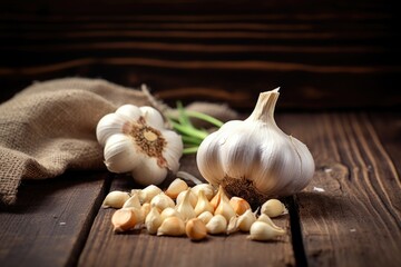 Poster - garlic bulbs and cloves on a rustic table