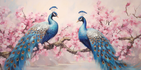 Wall Mural - painting of glowing peacocks sitting on a glowing pink blossom tree